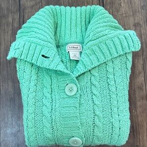 L.L. Bean Green Cable Knit Cardigan With 3/4” Sleeves